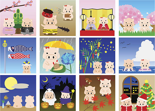 illustrationen für japanische kalender (schweinen, m) - cherry tree stuffed animal spring doll stock-grafiken, -clipart, -cartoons und -symbole