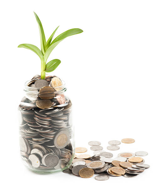 istock Coins and plant in glass on white background 476157272