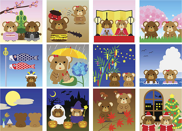 illustrationen für japanische kalender (bears, m) - cherry tree stuffed animal spring doll stock-grafiken, -clipart, -cartoons und -symbole