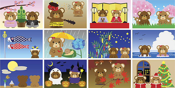 illustrationen für japanische kalender (bears, landschaften) - cherry tree stuffed animal spring doll stock-grafiken, -clipart, -cartoons und -symbole