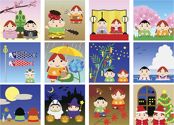 illustrationen für japanische kalender (kinder, m) - cherry tree stuffed animal spring doll stock-grafiken, -clipart, -cartoons und -symbole