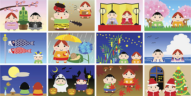 illustrationen für japanische kalender (kinder, landschaften) - cherry tree stuffed animal spring doll stock-grafiken, -clipart, -cartoons und -symbole