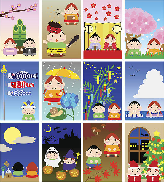 illustrationen für japanische kalender (kinder, porträt) - cherry tree stuffed animal spring doll stock-grafiken, -clipart, -cartoons und -symbole