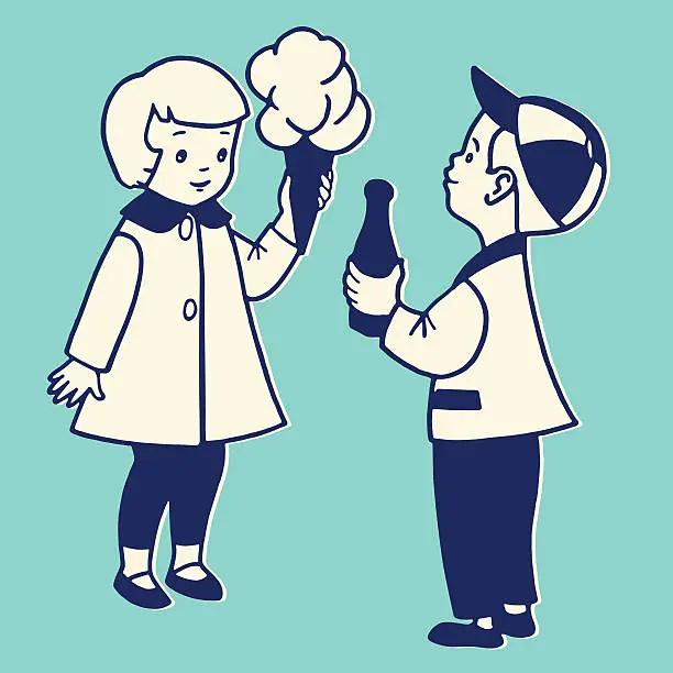 Vector illustration of Girl and Boy With Cotton Candy and Soda