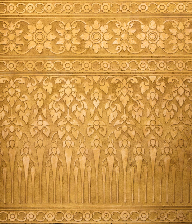 Gold Metal Background with Thai Traditional Textures in Contemporary style, Wall of Public Thai Pavilion.
