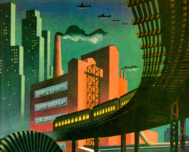 ilustraciones, imágenes clip art, dibujos animados e iconos de stock de paisaje urbano - urban scene railroad track train futuristic