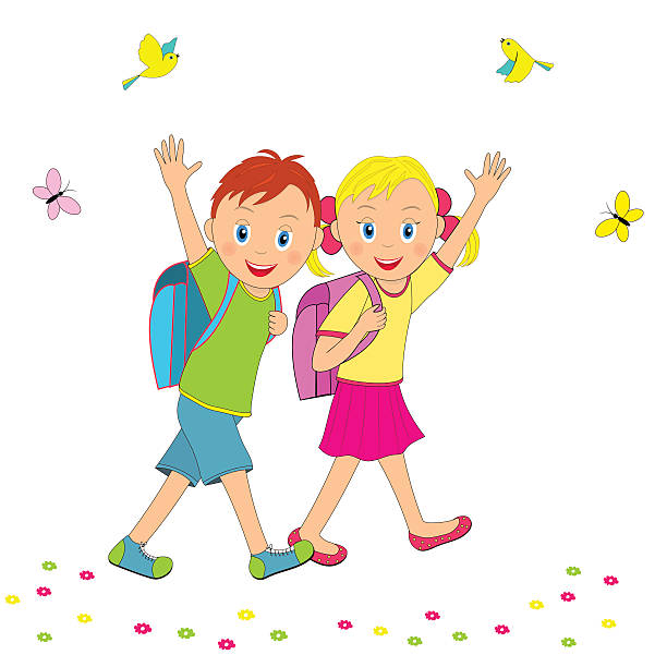 back to school.boy and girl going to schoo back to school.boy and girl going to school, smiling and waving his hand, illustration, vector back to schoo stock illustrations