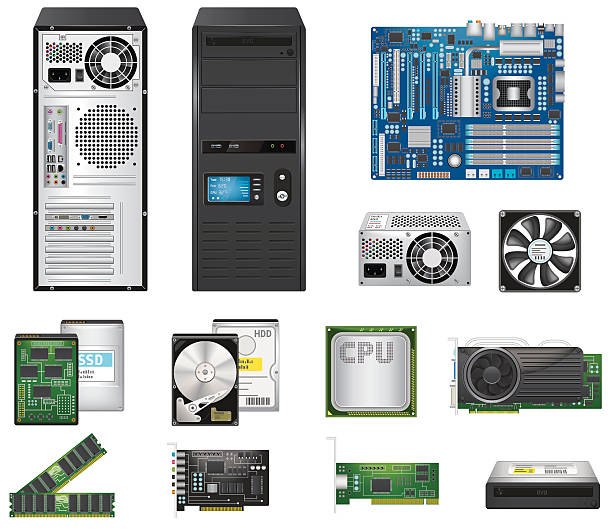 illustrazioni stock, clip art, cartoni animati e icone di tendenza di set di parti di computer - cpu