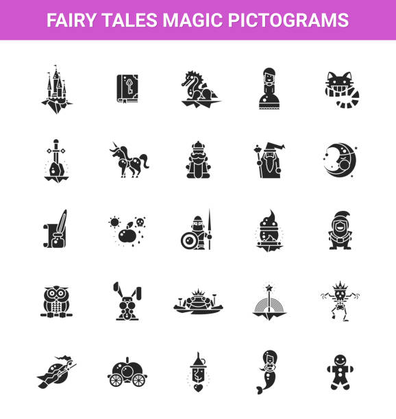세트마다 요정 tales 평편 디자인식 매직 아이콘 및 그림문자 전체 - picture book fairy tale castle dragon stock illustrations