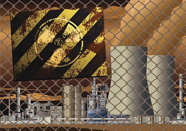 Vector illustration of Grunge Radioactive Danger Sign on Nuclear Power Station Grid
