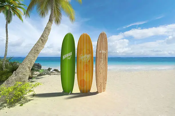 3D rendering of three colorful surf boards on a tropical beach.
