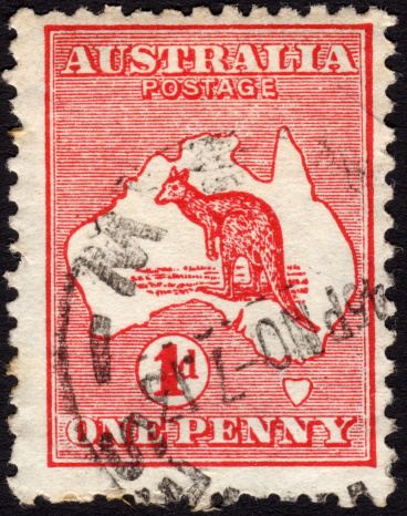 Postage stamp Australia ca. 1913 showing the outline of Australia and the national symbol the kangaroo