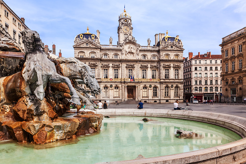 The Terreaux square with fountain in Lyon city, France