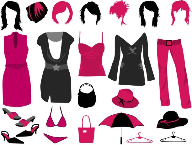 Vector illustration of Women's fashion - clothes, hairstyles and accessories
