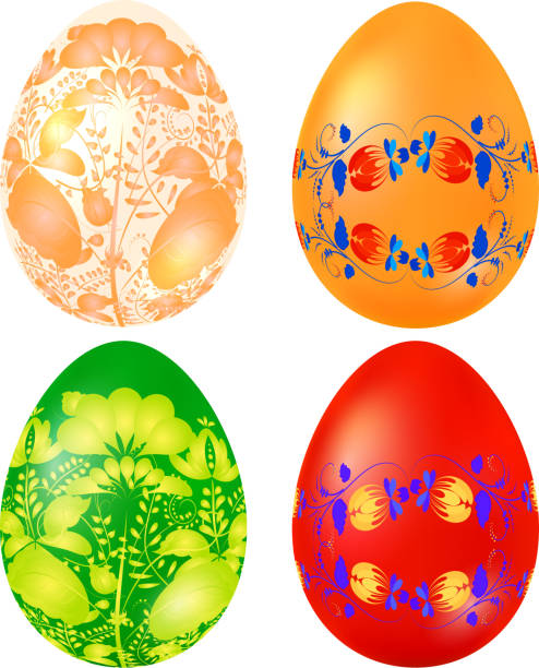 набор цветных пасхальных яиц с элементами традиционного русского painti - white background stock illustrations