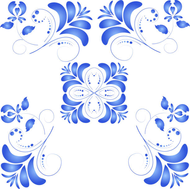 бесшовная текстура с голубыми цветами в gzhel стиле.   вектор illust - white background stock illustrations