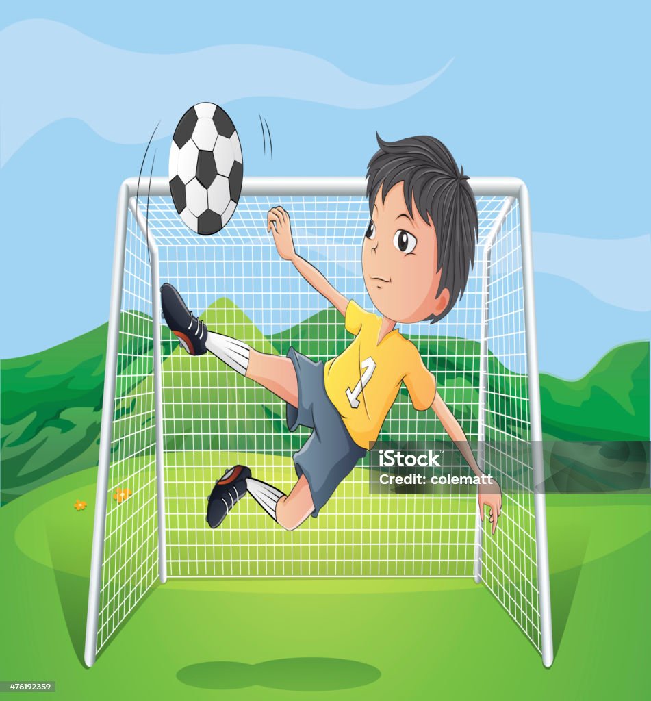 Młody człowiek gra w futbol - Grafika wektorowa royalty-free (Bramka - sprzęt sportowy)