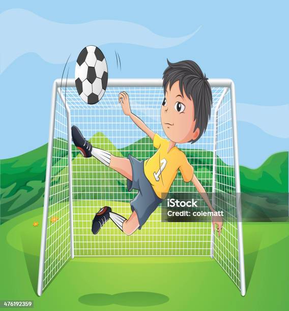 Молодой Человек Играть В Футбол — стоковая векторная графика и другие изображения на тему Атлет - Атлет, Бить ногой, Векторная графика