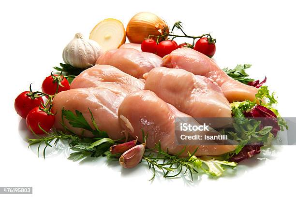 Photo libre de droit de Filets De Poulet Cru Sur Blanc Gros Plan banque d'images et plus d'images libres de droit de Ail - Légume à bulbe - Ail - Légume à bulbe, Aliment, Aliment préparé en filet