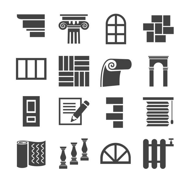 The icons are flat construction, finishing materials, repair. Flat monochrome icons with images of building and finishing materials. For websites and printing.  baluster stock illustrations