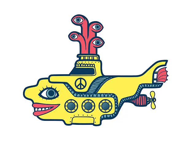 Vector illustration of Yellow submarine diving in the depths of sea psychedelic art