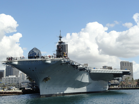 Yokosuka, Japan - May 25, 2023 : JS Izumo (DDH-183) at the Japan Maritime Self-Defense Force's base in Yokosuka, Kanagawa Prefecture, Japan.