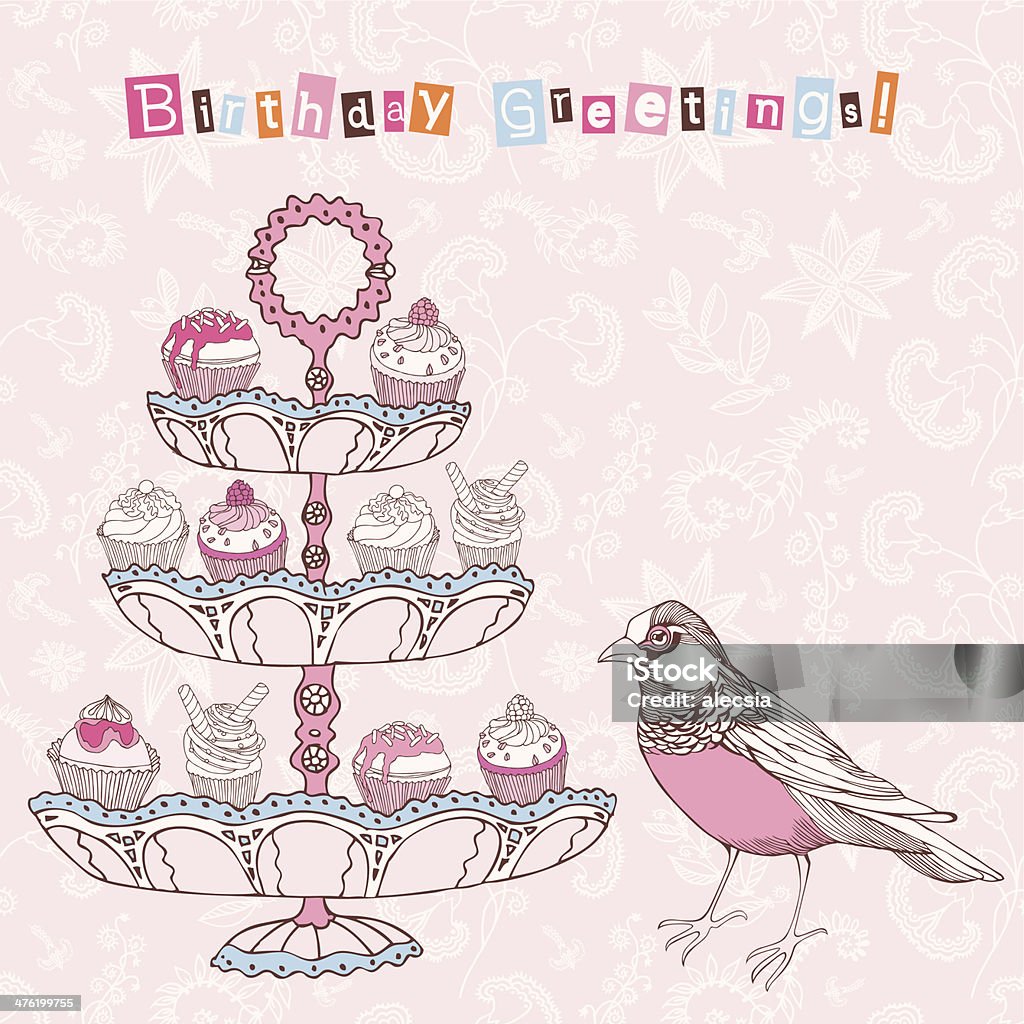 Tarjeta de cumpleaños con aves y cupcakes. - arte vectorial de Alimento libre de derechos