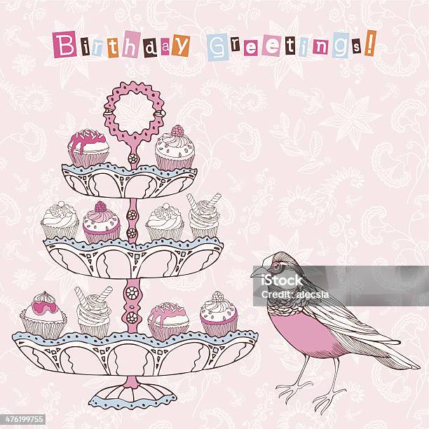 Vetores de Cartão De Aniversário Com Passarinho E Cupcakes e mais imagens de Almoço - Almoço, Amarelo, Amor