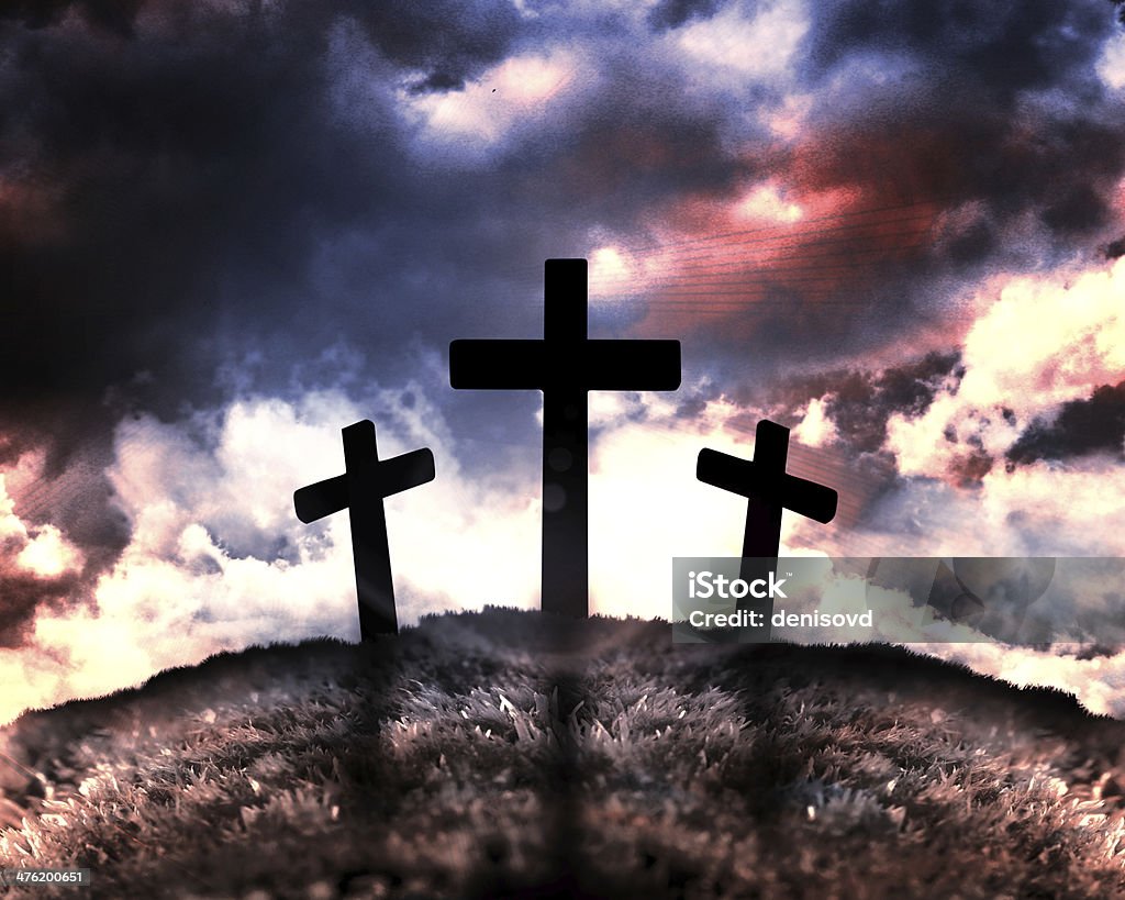Silhouette of three crosses on a hill Silhouette of three crosses on a hill with a moon behind them Bible Stock Photo