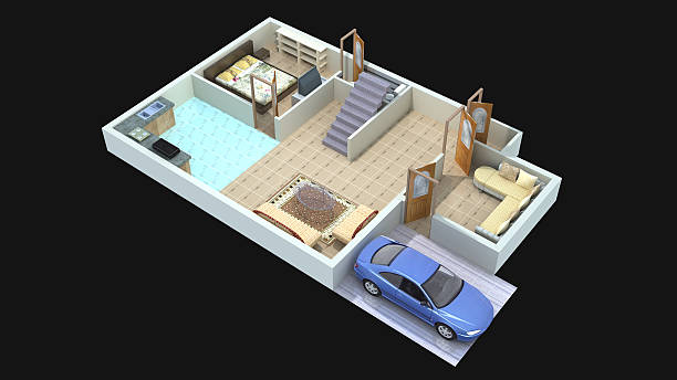 Interior plan13 for home ground floor 3D interior design for home (ground floor), with car beautiful furnitures and flooring and having hall,bedroom,kitchen, and parking with black in background. the clinton foundation stock pictures, royalty-free photos & images