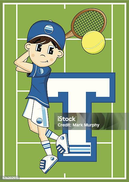 Tennis Boy Learning Letter T Stock Illustration - Download Image Now - Alphabet, Backhand Stroke, Baseball Cap