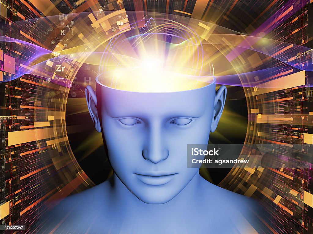 Door to the Mind Backdrop composed of human head and symbolic elements and suitable for use in the projects on human mind, consciousness, imagination, science and creativity Abstract Stock Photo