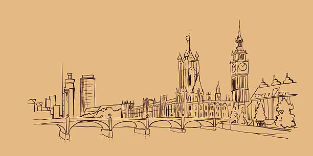 Illustration with views of the historic part of London, UK. View of the clock tower of Big Ben and the River Thames. Also, the image can be clearly seen Westminster Bridge. Illustration resembles a pencil sketch. The picture is made in negligence, but rather a detailed style. Respecting the basic rules of perspective. In brown colors. thames river stock illustrations