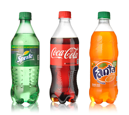 Los Angeles, California, USA - June 2, 2015: Coca-Cola, Fanta and Sprite Bottles Isolated On White.The three drinks produced by the Coca-Cola Company