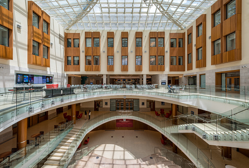 St. Louis, Missouri, USA - May 28, 2015: Atrium between Bauer and Knight Halls on the campus of Washington University in St. Louis