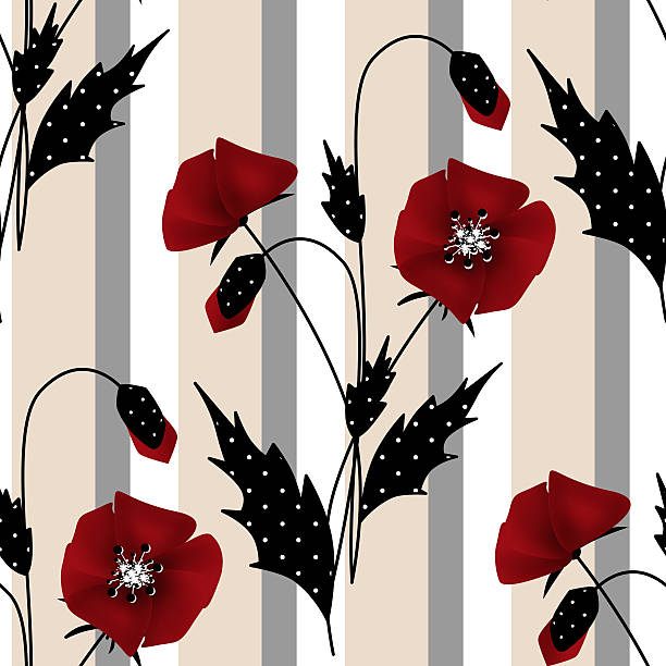 bezszwowe kwiatowy wzór z czerwony makowate na tle pasiasty - red poppies audio stock illustrations
