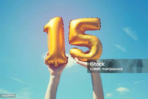 Gold Number 15 Balloon Stock Photo - Download Image Now - Number 15, Balloon, Birthday