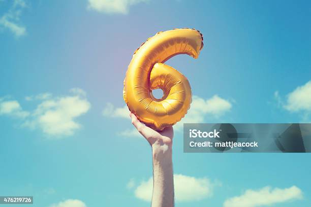 Gold Number 6 Balloon Stock Photo - Download Image Now - Number 6, 6-7 Years, Balloon