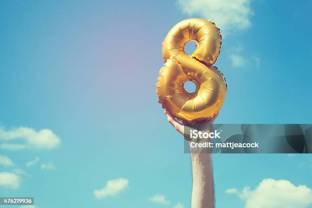 Gold Number 8 Balloon Stock Photo - Download Image Now - 8-9 Years, Number 8, Balloon