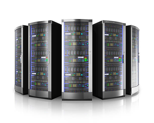 fila di server di rete nel data center - network server tower rack computer foto e immagini stock