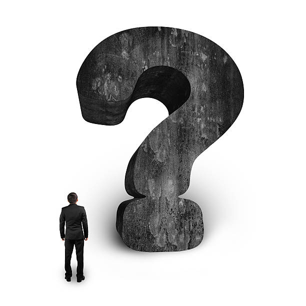 istock Man looking at huge 3D concrete question mark white background 476222936