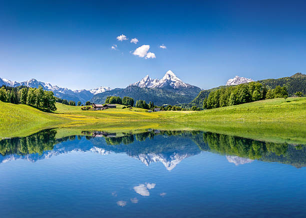 idyllische sommer landschaft mit see in den alpen berge - watzmann stock-fotos und bilder