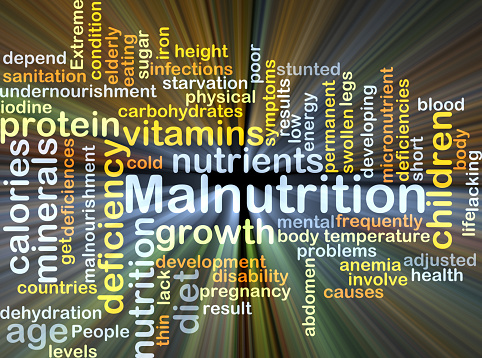 Background concept wordcloud illustration of malnutrition glowing light