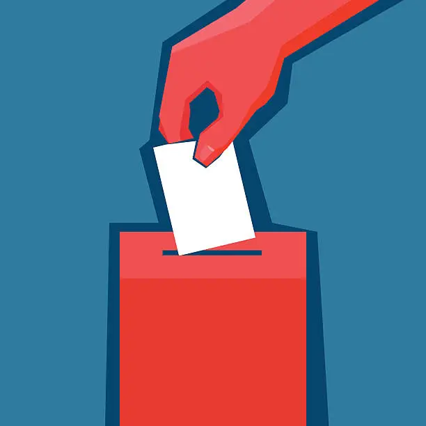 Vector illustration of Hand puts ballot in the ballot box