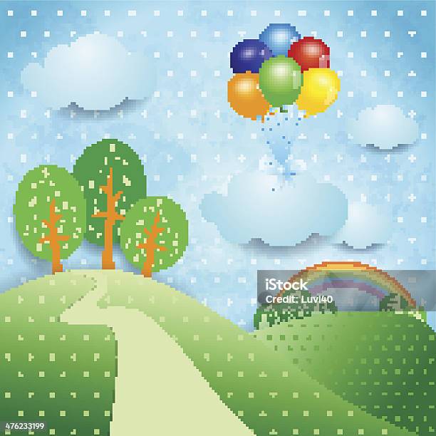 Fantasy Landschaft Mit Ballons Stock Vektor Art und mehr Bilder von Anhöhe - Anhöhe, Baum, Bildhintergrund