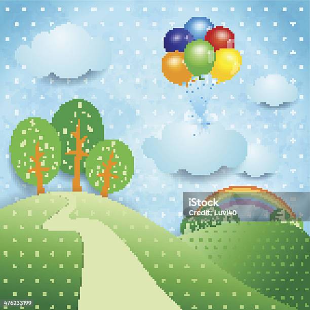 Paysage De Fantaisie Avec Des Ballons Vecteurs libres de droits et plus d'images vectorielles de Allée de jardin - Allée de jardin, Arbre, Arc en ciel