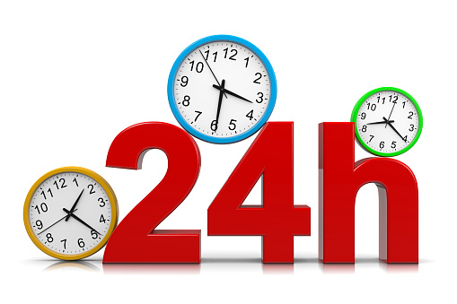 24h Service Red Text with Colorful Round Wall Clocks on White Background 3D Illustration