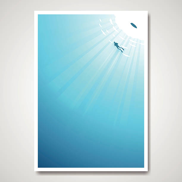 Diver in sea and sun rays pass through the water Vector poster with diver in the sea and sun rays pass through the water underwater exploration stock illustrations