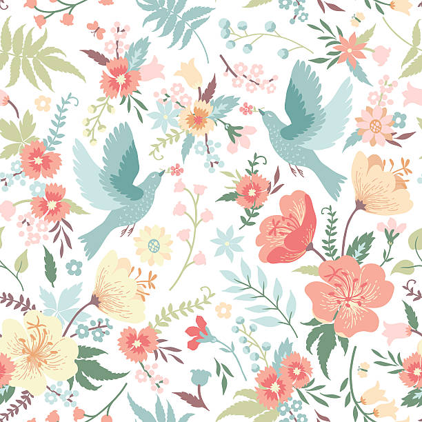 シームレスなパターンは、鳥や花が茂っています。 - pattern bird seamless backgrounds点のイラスト素材／クリップアート素材／マンガ素材／アイコン素材