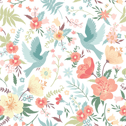 Cute vector seamless pattern with birds and flowers in pastel colors.